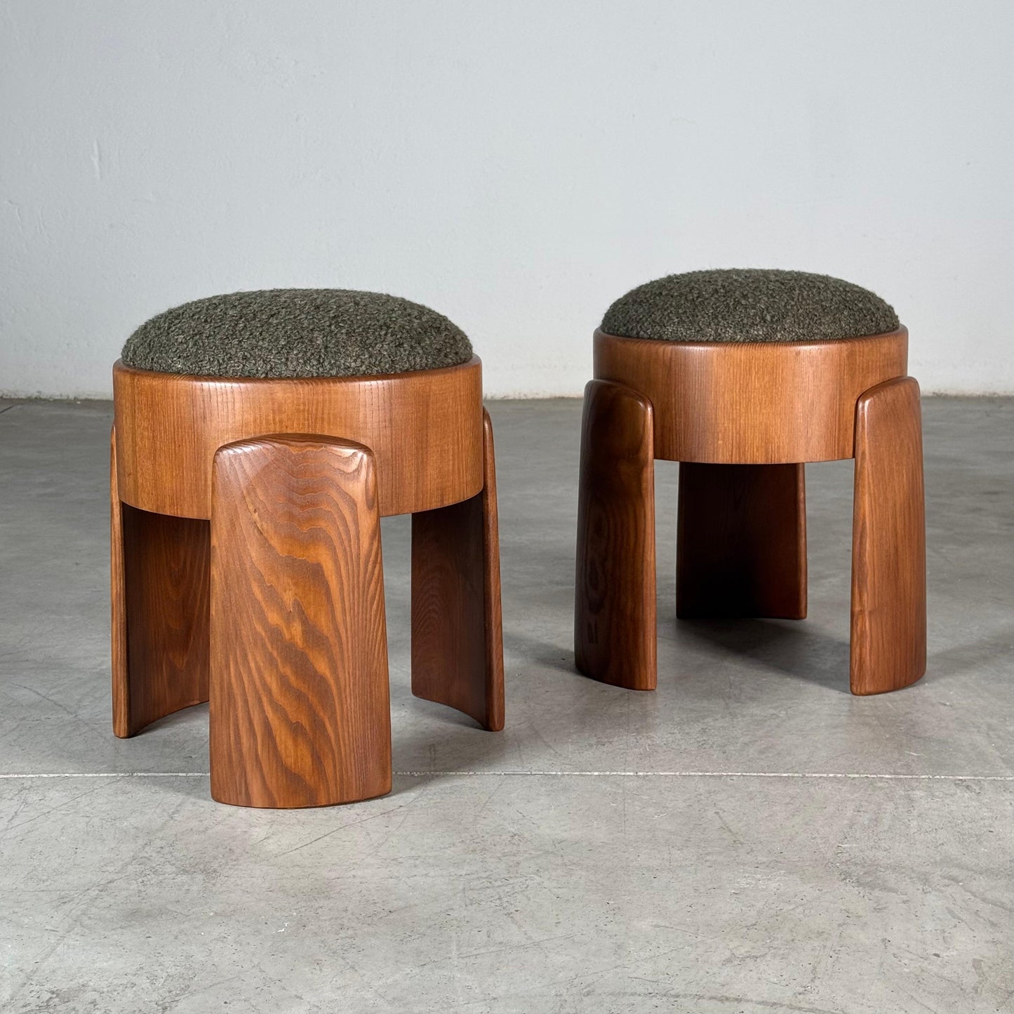 Pair of Sculptural Stools in Ash Wood with Dedar Milano Melange Boucle Upholstery by Forme Stools