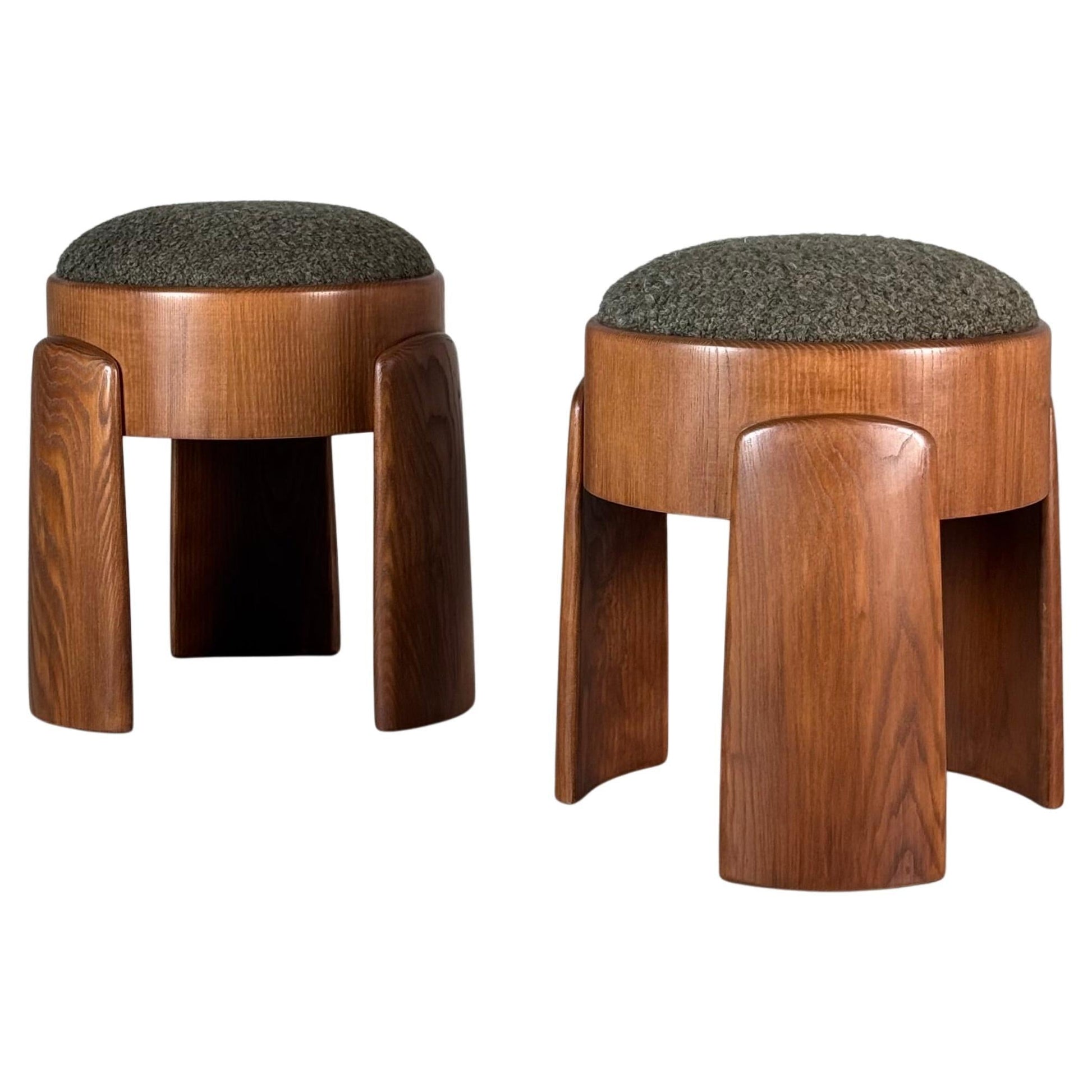Pair of Sculptural Stools in Ash Wood with Dedar Milano Melange Boucle Upholstery by Forme Stools