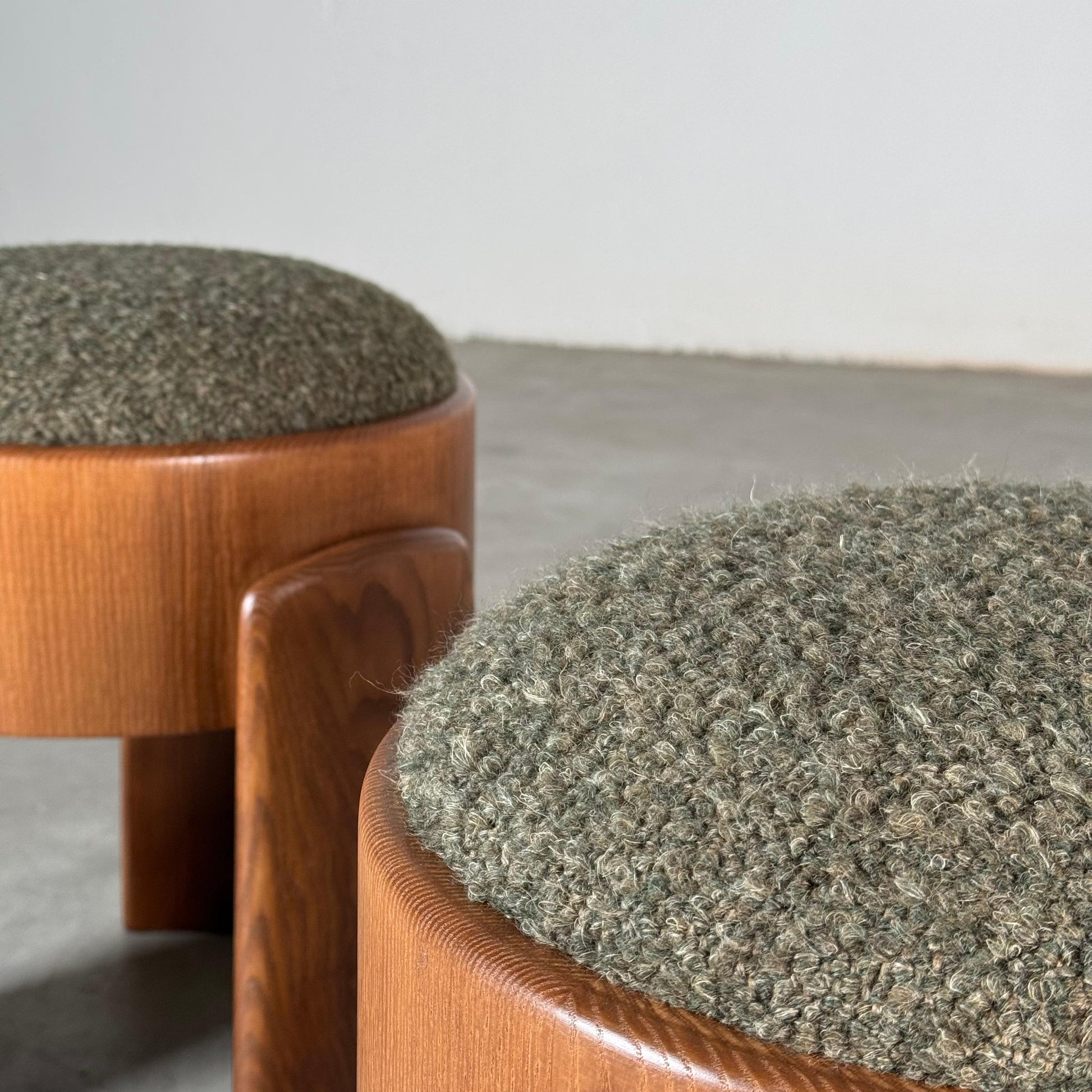Pair of Sculptural Stools in Ash Wood with Dedar Milano Melange Boucle Upholstery by Forme Stools