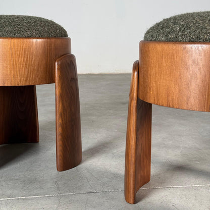 Pair of Sculptural Stools in Ash Wood with Dedar Milano Melange Boucle Upholstery by Forme Stools