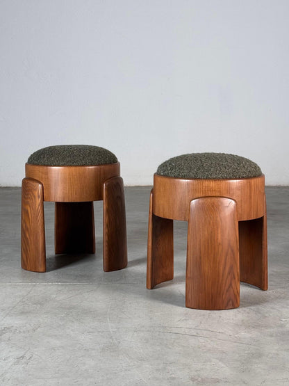 Pair of Sculptural Stools in Ash Wood with Dedar Milano Melange Boucle Upholstery by Forme Stools