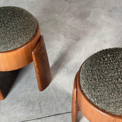 Pair of Sculptural Stools in Ash Wood with Dedar Milano Melange Boucle Upholstery by Forme Stools