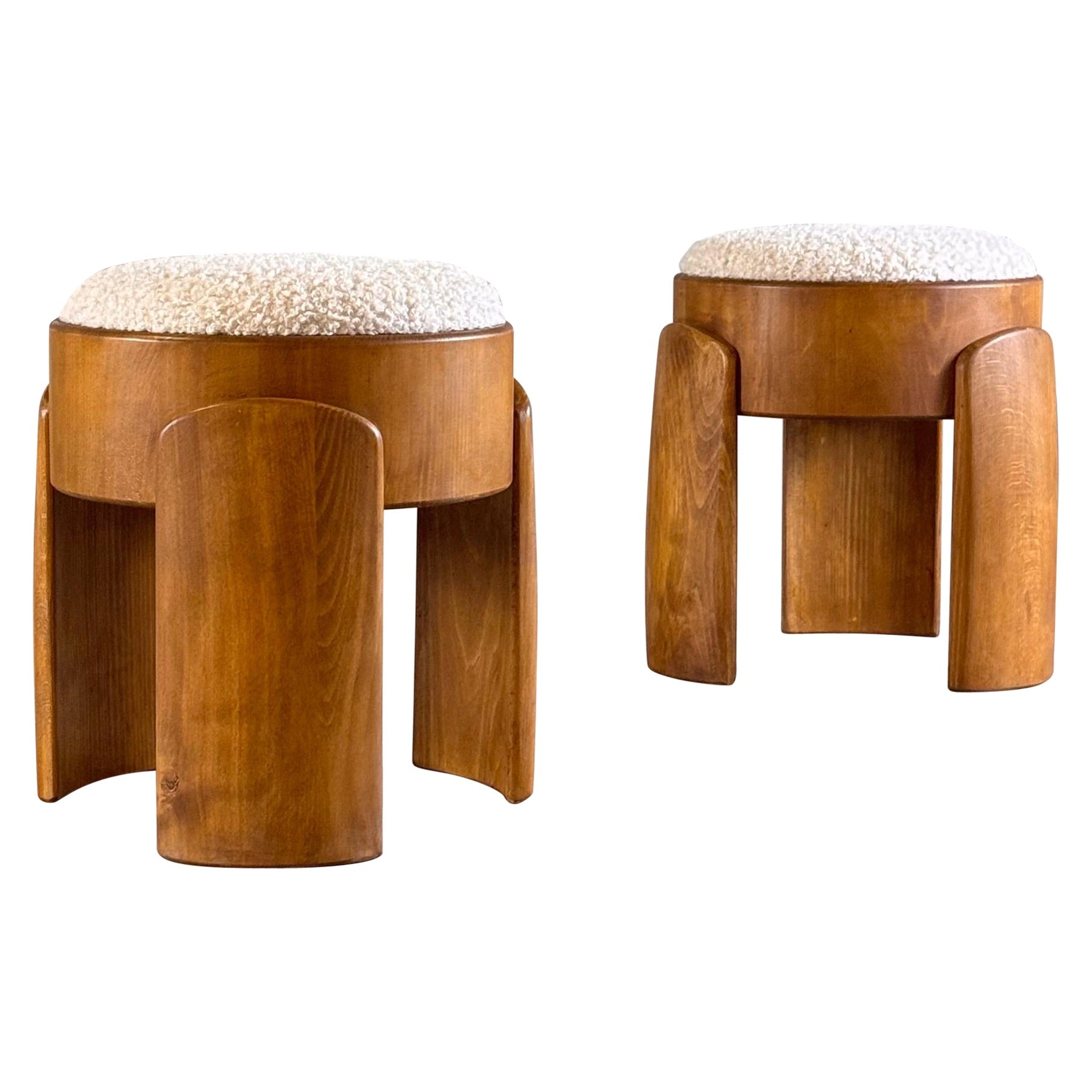 Pair of Sculptural Wooden Stools with Luxurious Faux Fur Upholstery by Forme Stools