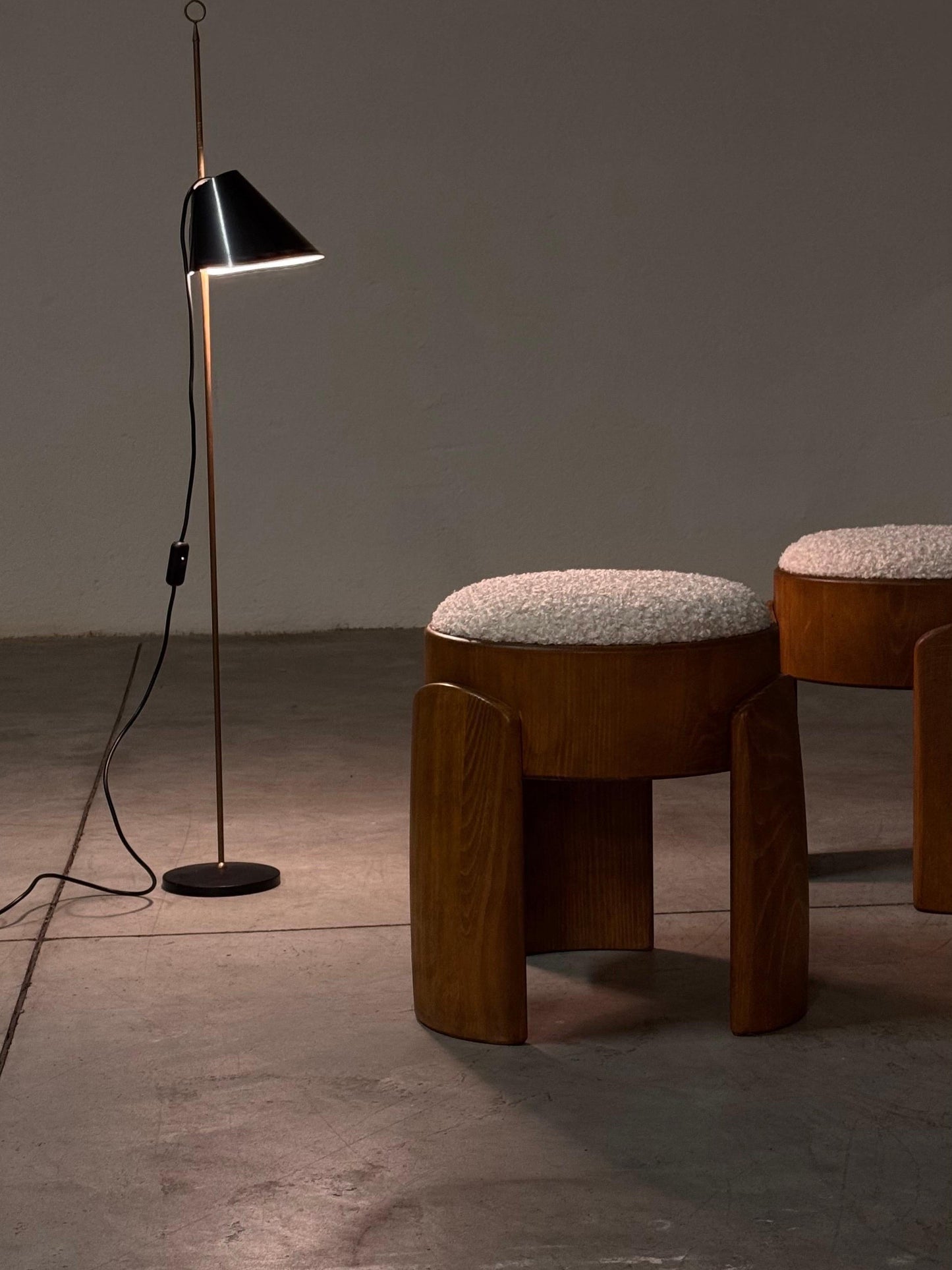 Pair of Sculptural Wooden Stools with Luxurious Faux Fur Upholstery by Forme Stools