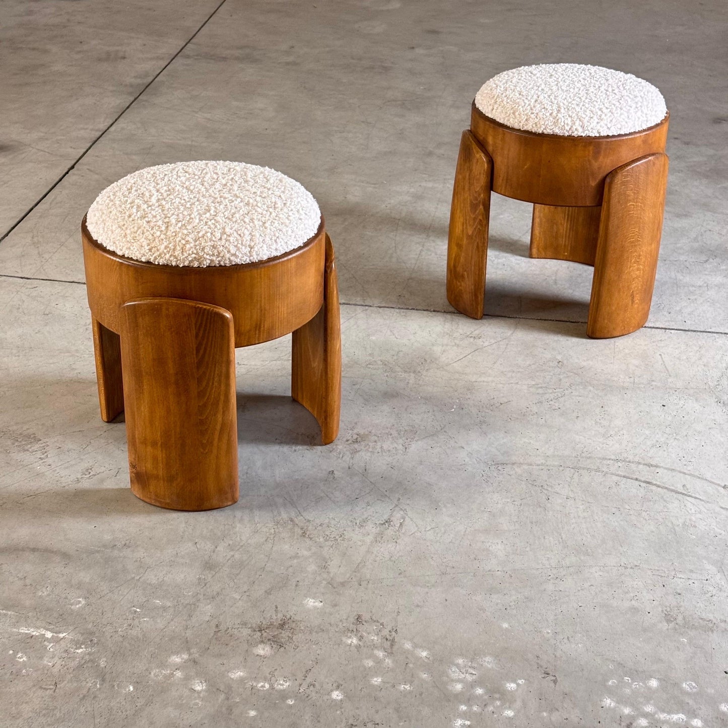 Pair of Sculptural Wooden Stools with Luxurious Faux Fur Upholstery by Forme Stools