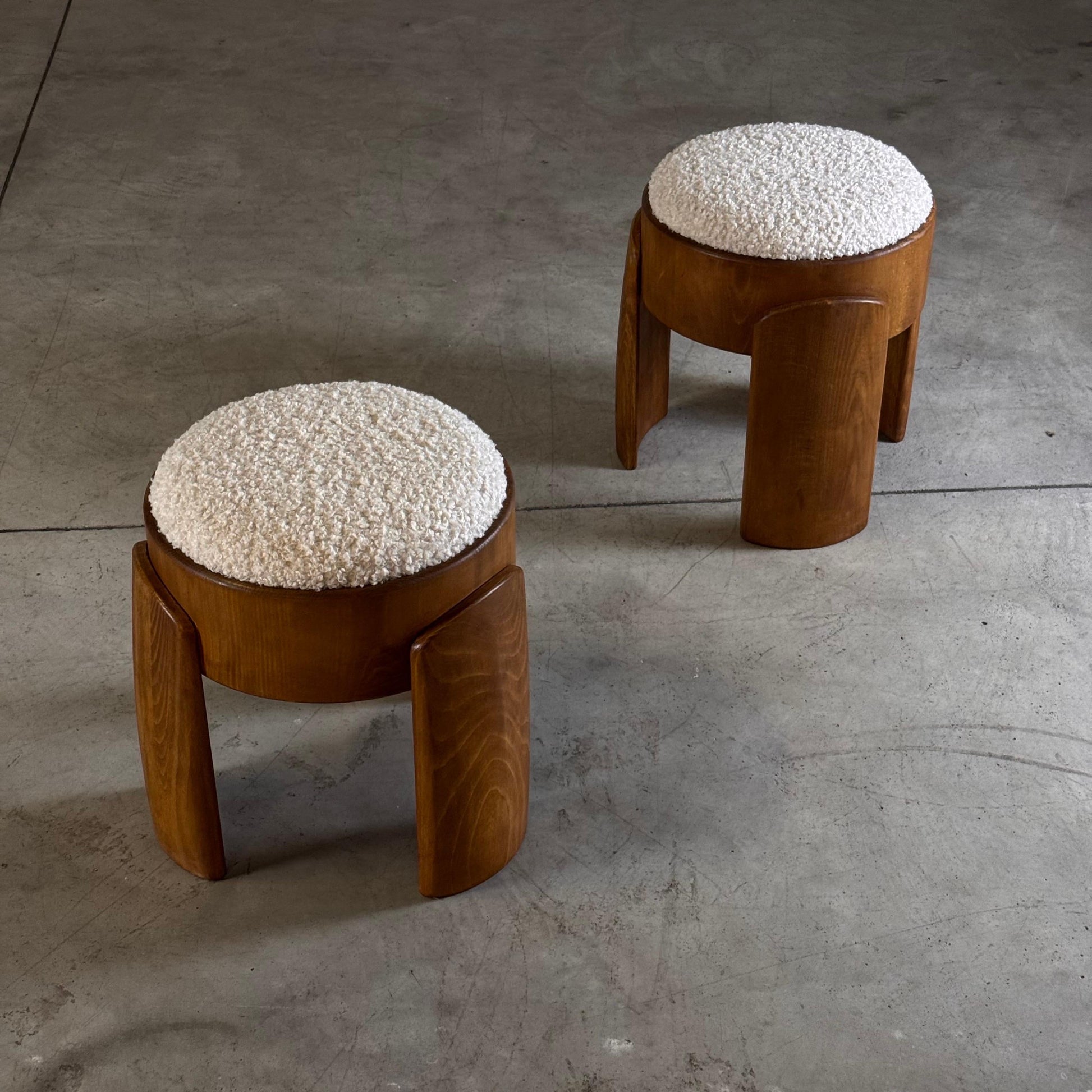 Pair of Sculptural Wooden Stools with Luxurious Faux Fur Upholstery by Forme Stools