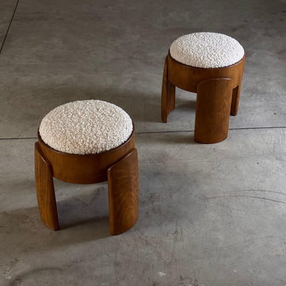 Pair of Sculptural Wooden Stools with Luxurious Faux Fur Upholstery by Forme Stools