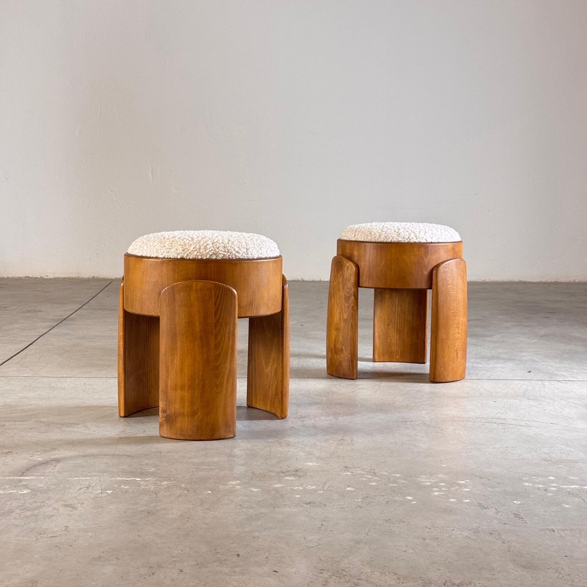 Pair of Sculptural Wooden Stools with Luxurious Faux Fur Upholstery by Forme Stools
