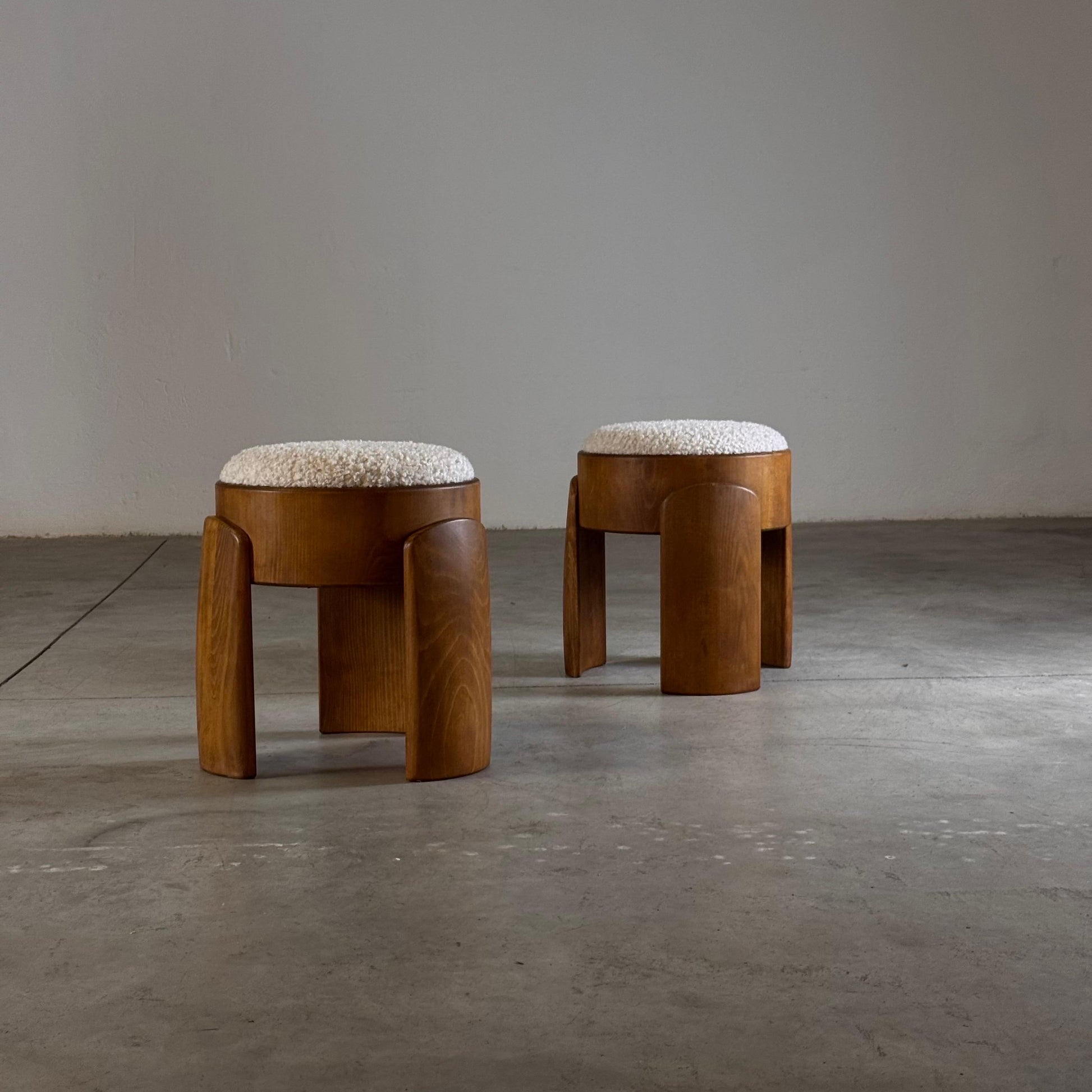 Pair of Sculptural Wooden Stools with Luxurious Faux Fur Upholstery by Forme Stools