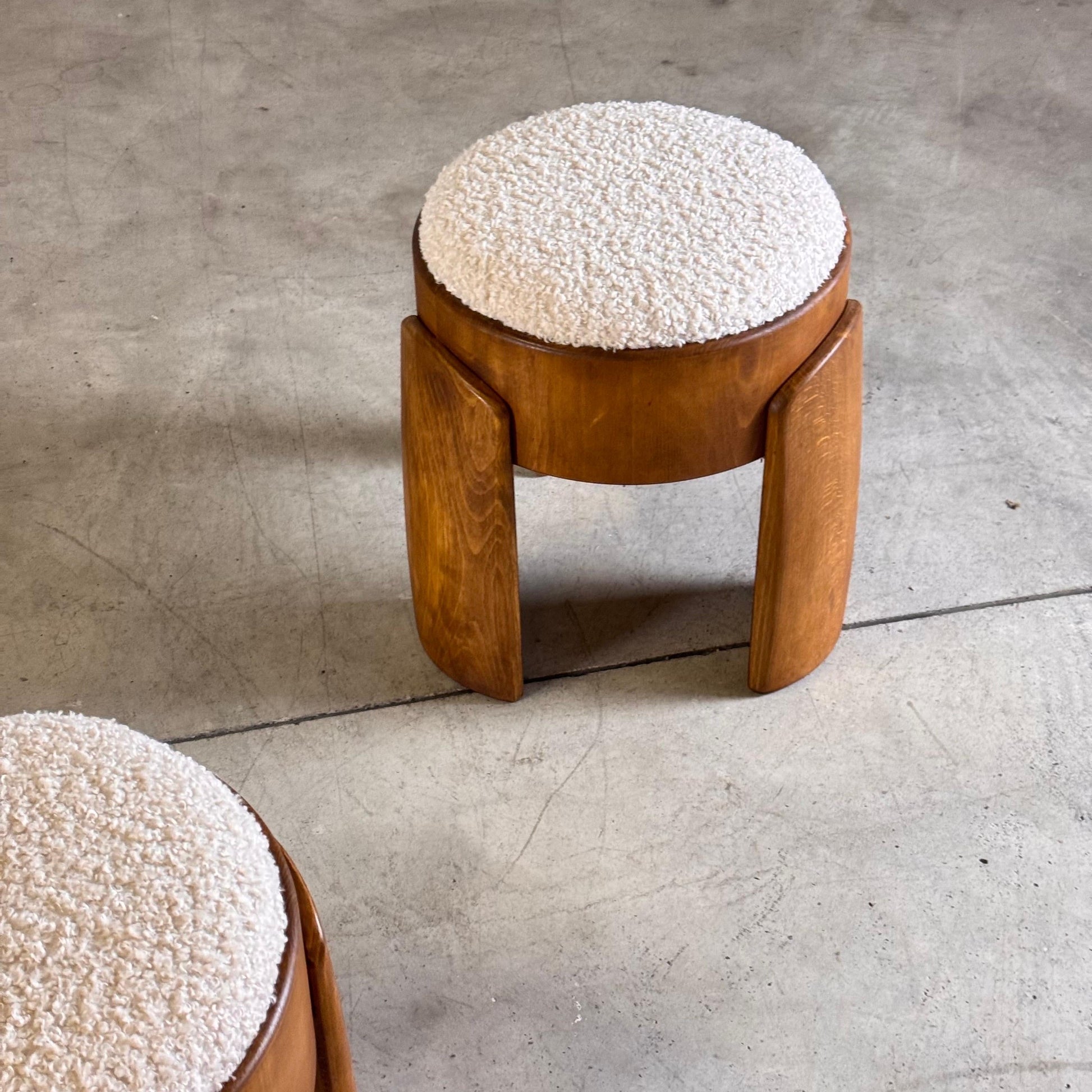Pair of Sculptural Wooden Stools with Luxurious Faux Fur Upholstery by Forme Stools