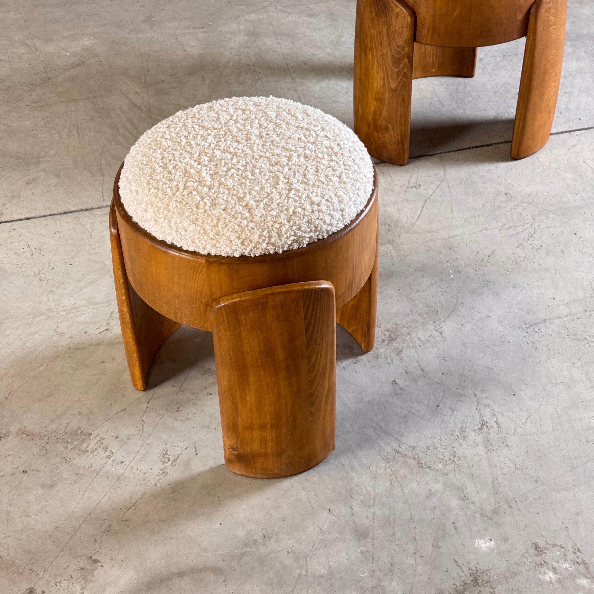 Pair of Sculptural Wooden Stools with Luxurious Faux Fur Upholstery by Forme Stools