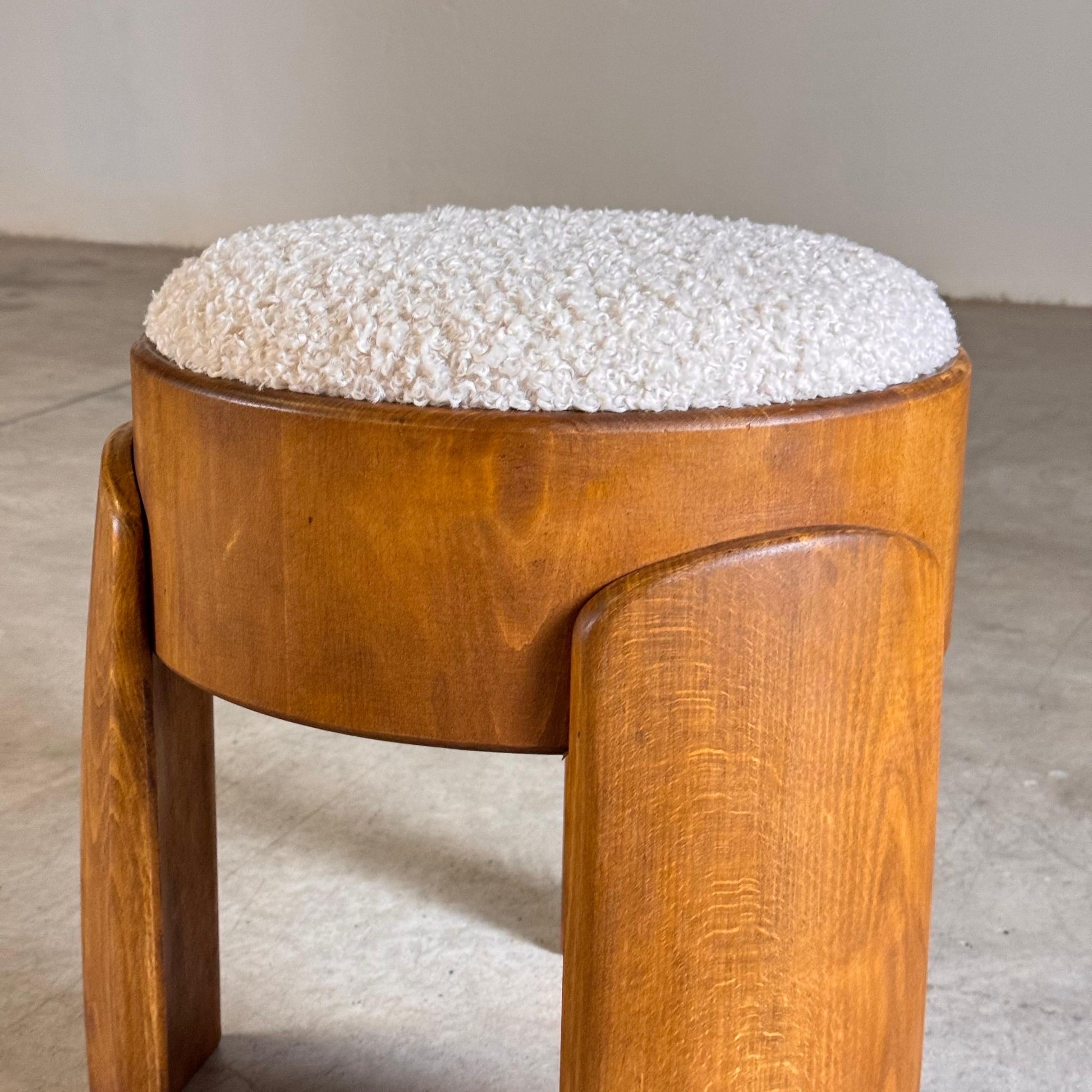 Pair of Sculptural Wooden Stools with Luxurious Faux Fur Upholstery by Forme Stools
