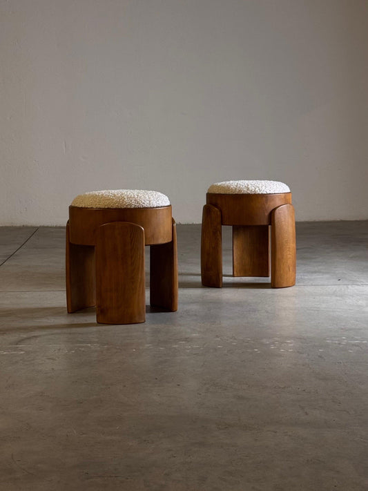 Pair of Sculptural Wooden Stools with Luxurious Faux Fur Upholstery by Forme Stools