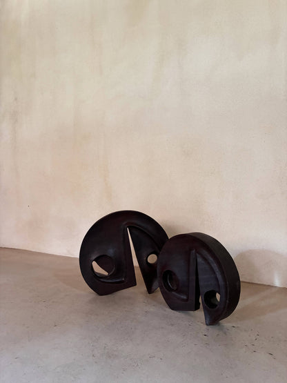 Gianni Pinna carved padouk wood sculpture, the pair seen closer, apertures aligned