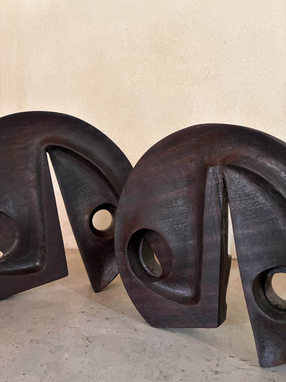 Gianni Pinna carved padouk wood sculpture, close view of both sculptures and their pierced openings