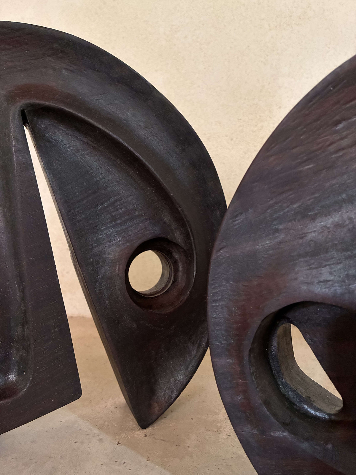 Gianni Pinna carved padouk wood sculpture, detail of the two forms side by side