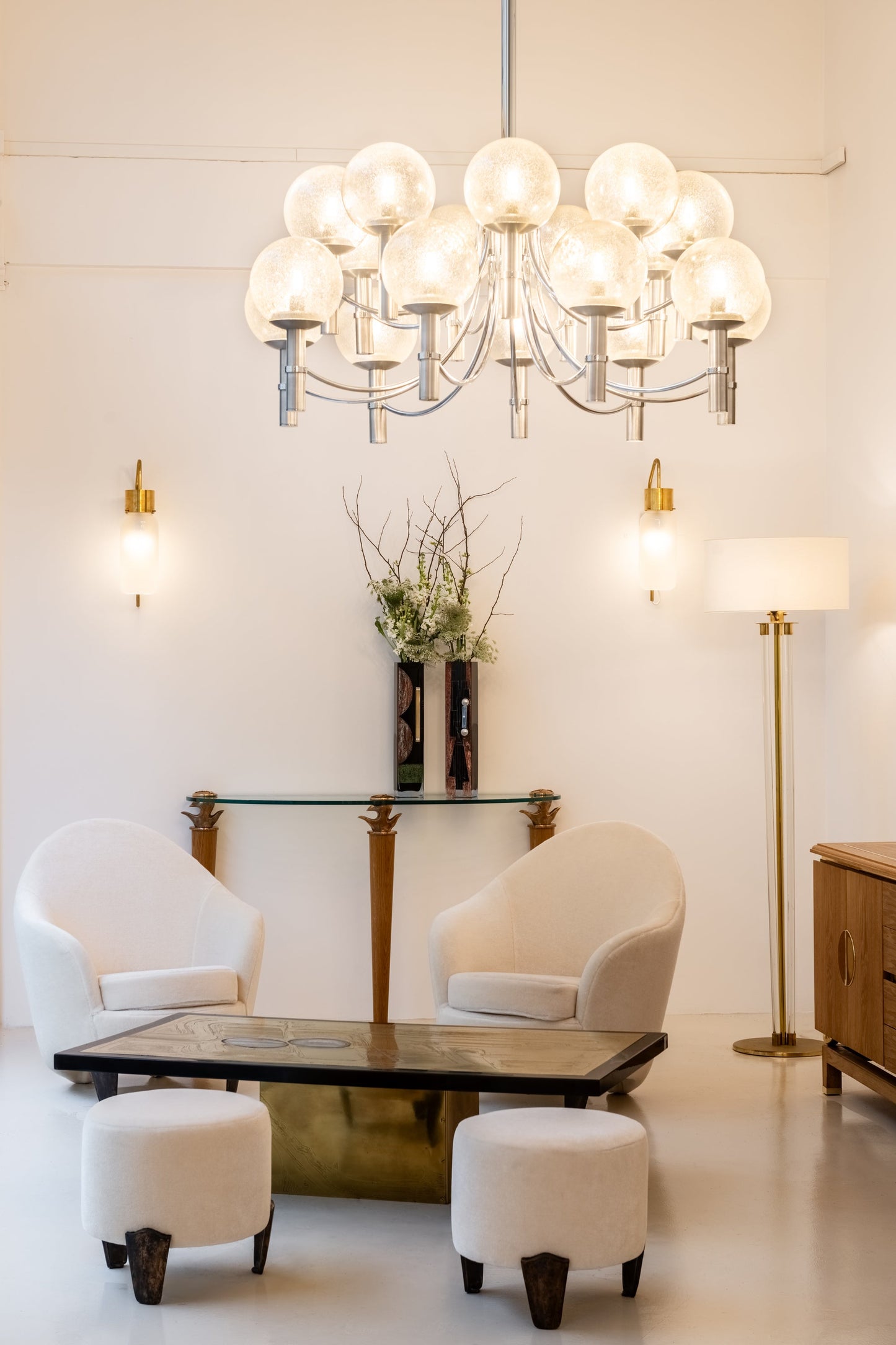 Pair of Unique Veronese Chandeliers 65-Inch Steel Murano Glass 1970 Chandeliers