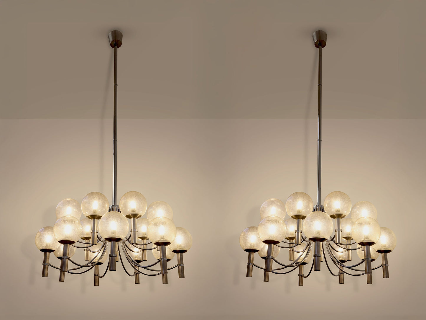 Pair of Unique Veronese Chandeliers 65-Inch Steel Murano Glass 1970 Chandeliers