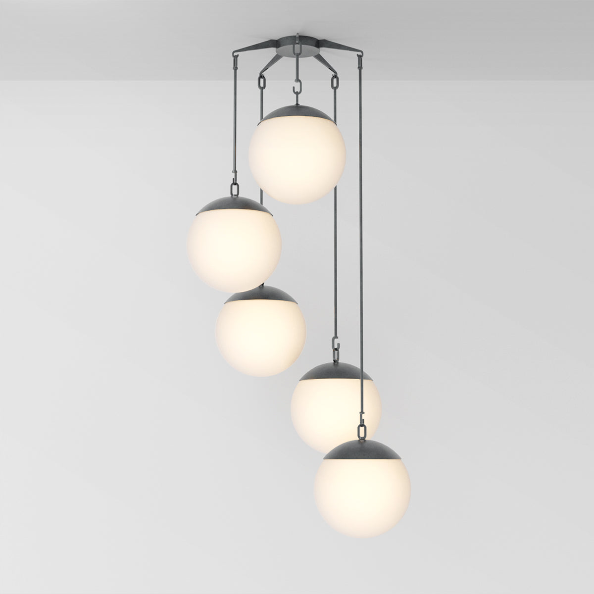 Penta 16 Chandelier in Aged Pewter Opal Glass Chandeliers