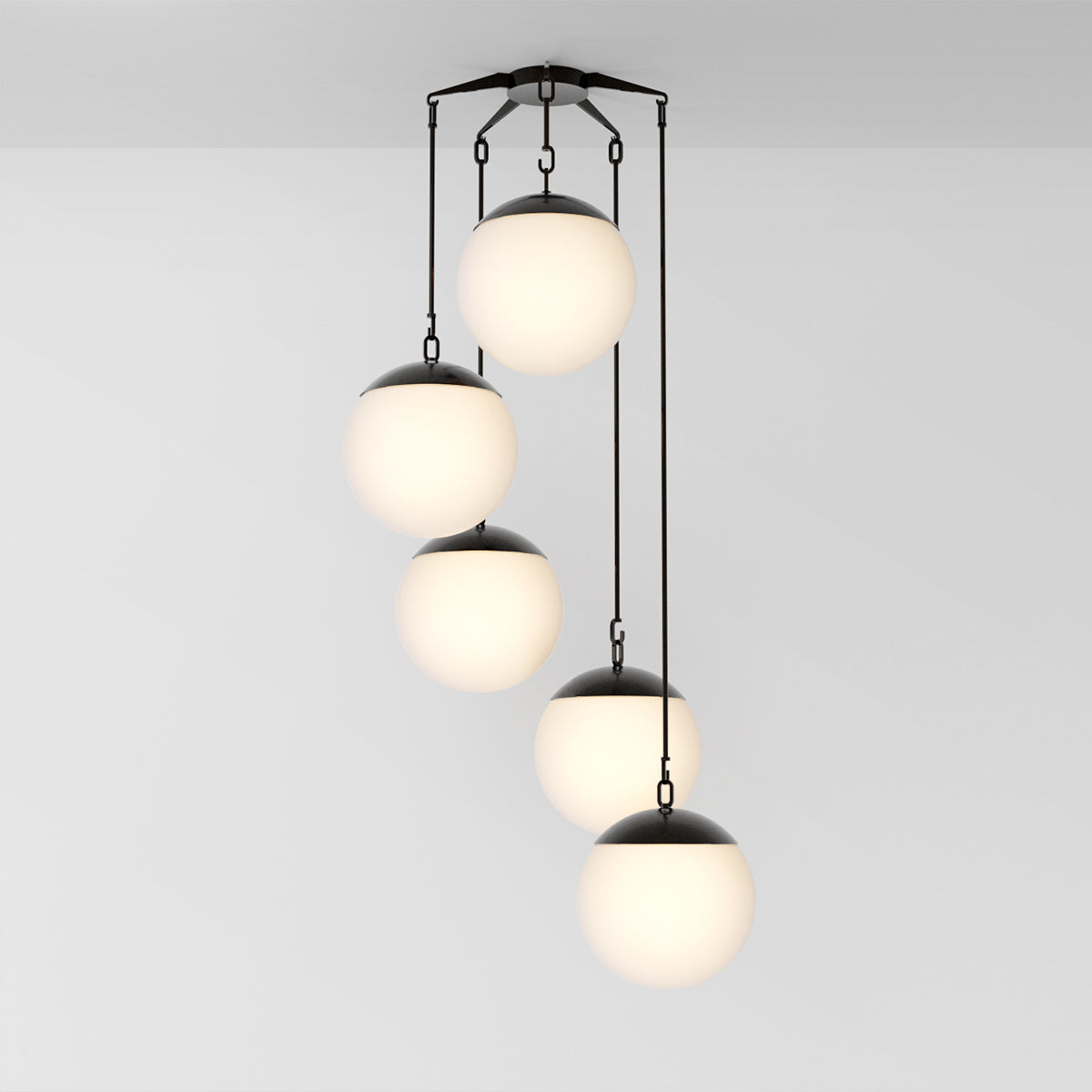 Penta 16 Chandelier in Black Brass Opal Glass Chandeliers