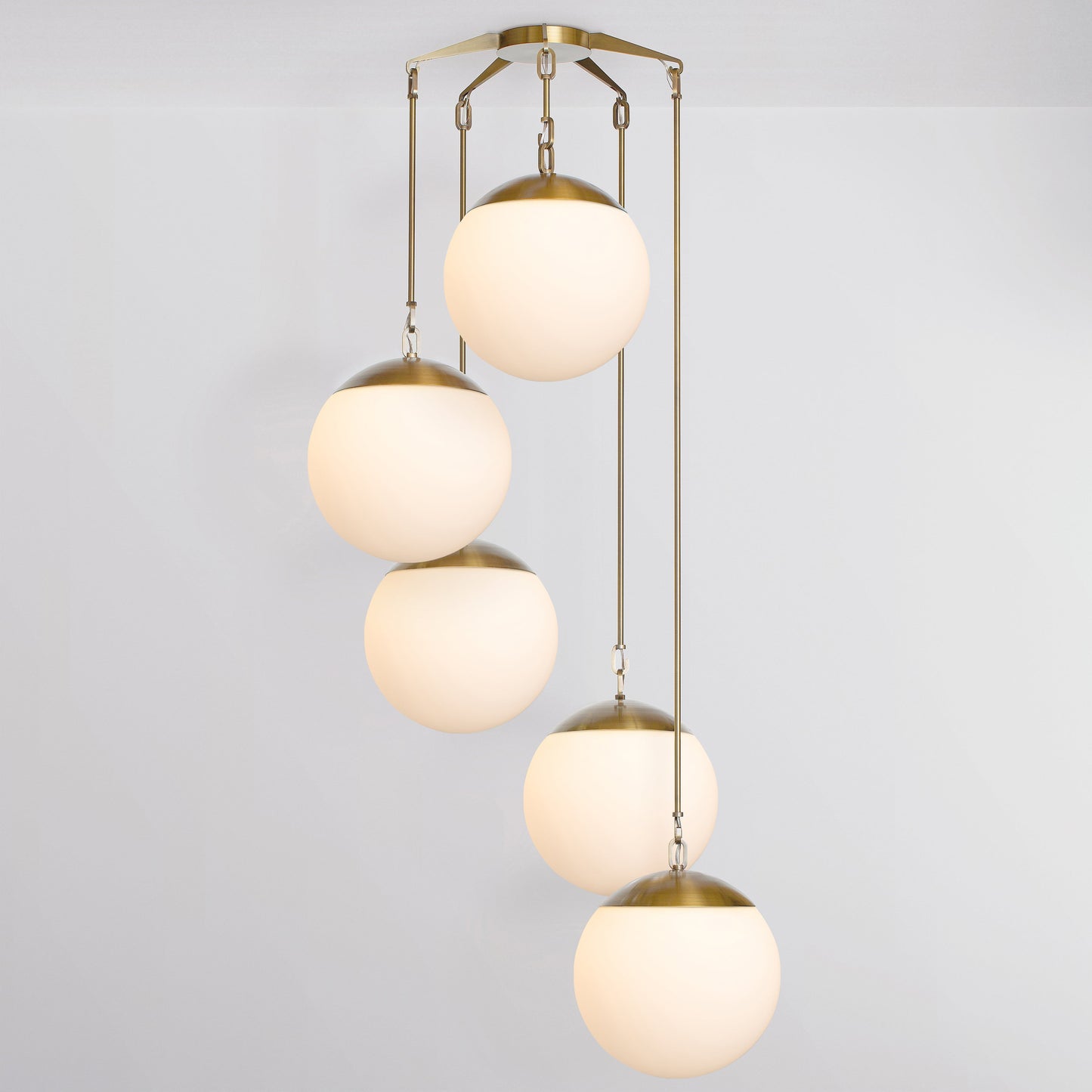 Penta 16 Chandelier in Brass Opal Glass Chandeliers