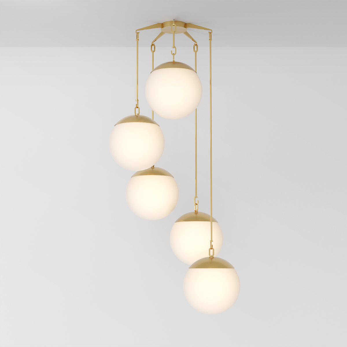 Penta 16 Chandelier in Brass Opal Glass Chandeliers