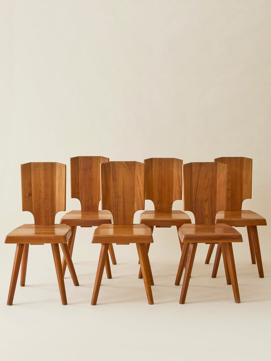 Pierre Chapo "S28" Solid Wood Elm Dining Chairs for Atelier Pierre Chapo, Set of 6, 1960's Dining Chairs