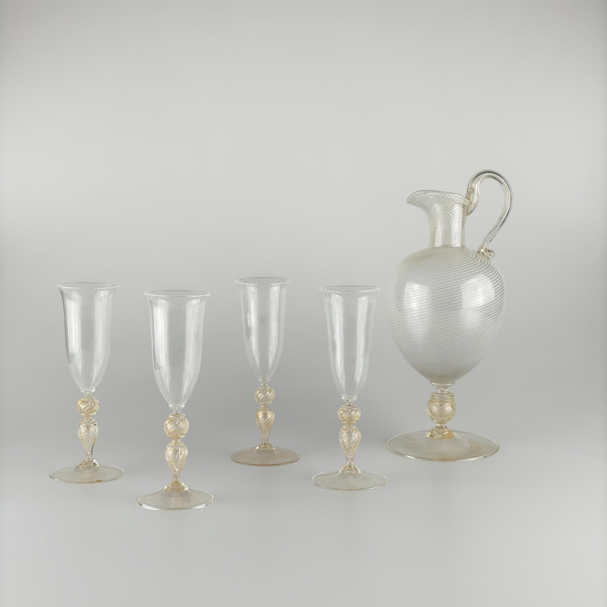Rare Champagne Set by Carlo Scarpa for Venini, Reticello & Gold Leaf, 1930s Glassware