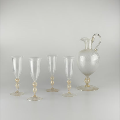 Rare Champagne Set by Carlo Scarpa for Venini, Reticello & Gold Leaf, 1930s Glassware