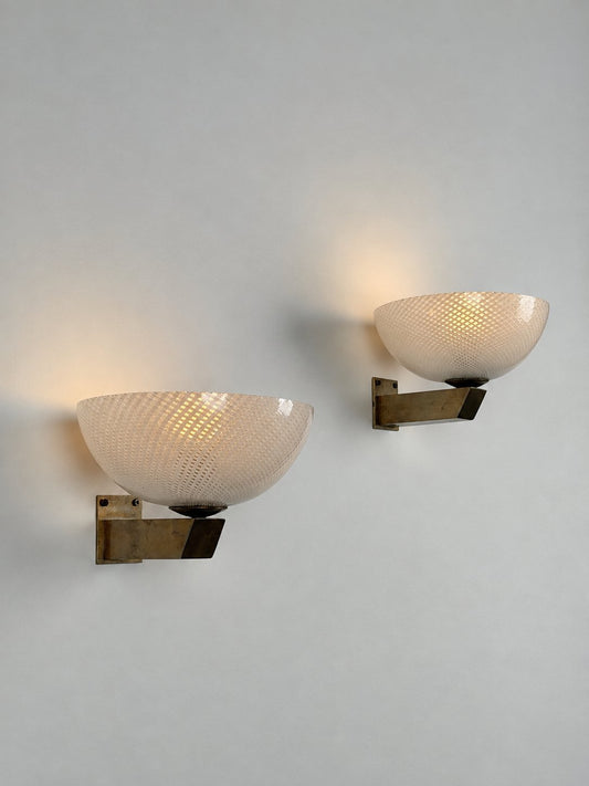Rare Large Pair of Carlo Scarpa Reticello Murano Glass Sconces for Venini, 1940s Sconces