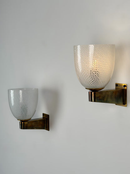 Rare Pair of Carlo Scarpa Reticello Murano Glass Sconces for Venini, 1940s Sconces