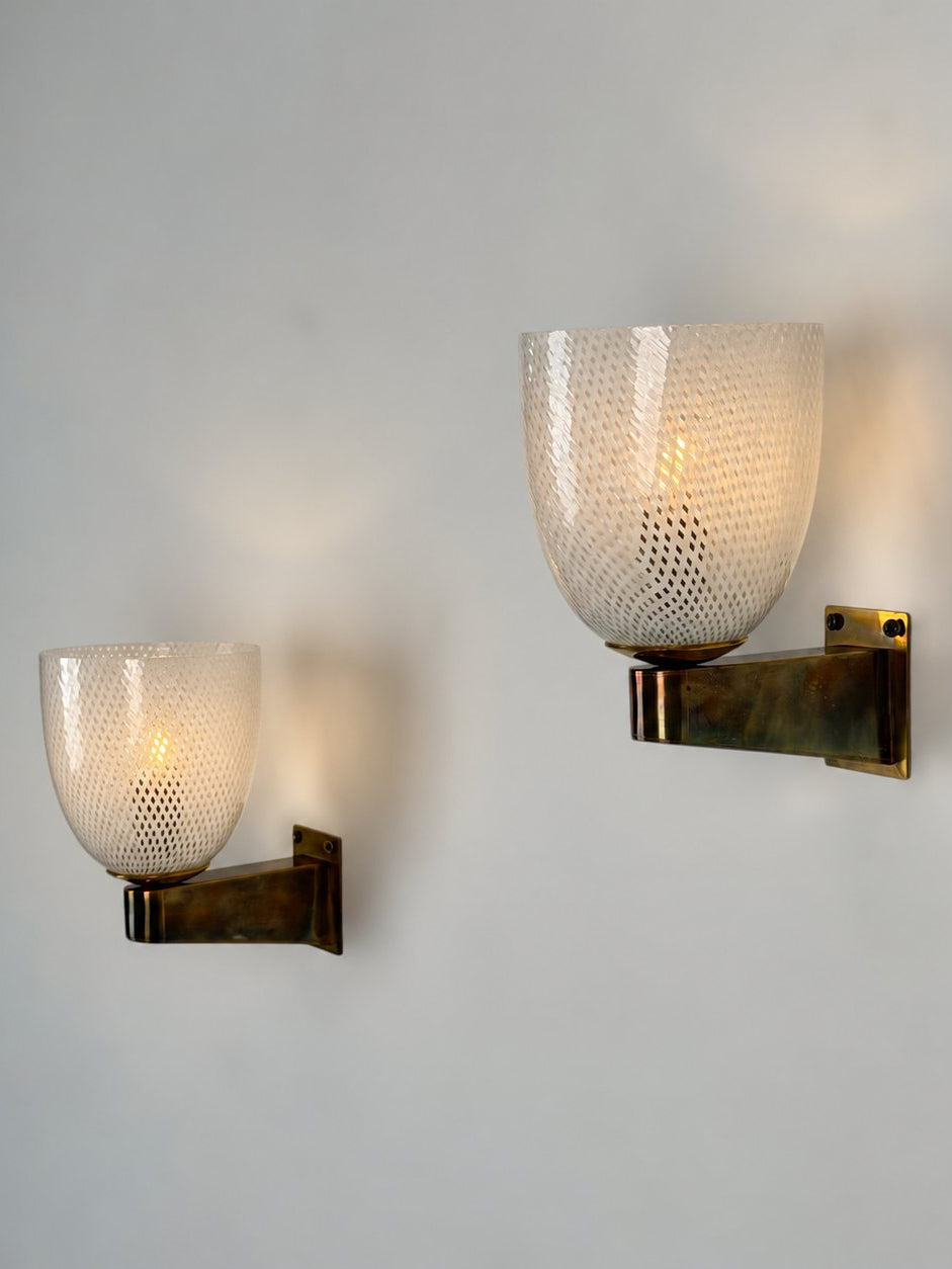 Rare Pair of Carlo Scarpa Reticello Murano Glass Sconces for Venini, 1940s Sconces