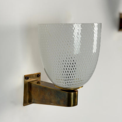 Rare Pair of Carlo Scarpa Reticello Murano Glass Sconces for Venini, 1940s Sconces