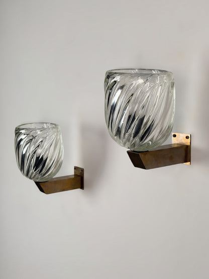 Rare Pair of "Mezzo Diamante" Murano Glass Wall Sconces by Carlo Scarpa for Venini, 1940s Sconces