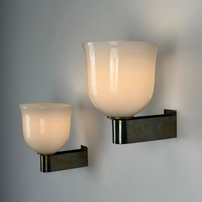 Rare Pair of Tomaso Buzzi "Tulip-Shaped Lattimo Incamiciato" Sconces for Venini, 1930s Sconces