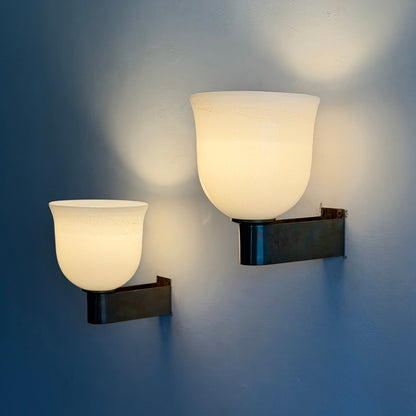 Rare Pair of Tomaso Buzzi "Tulip-Shaped Lattimo Incamiciato" Sconces for Venini, 1930s Sconces