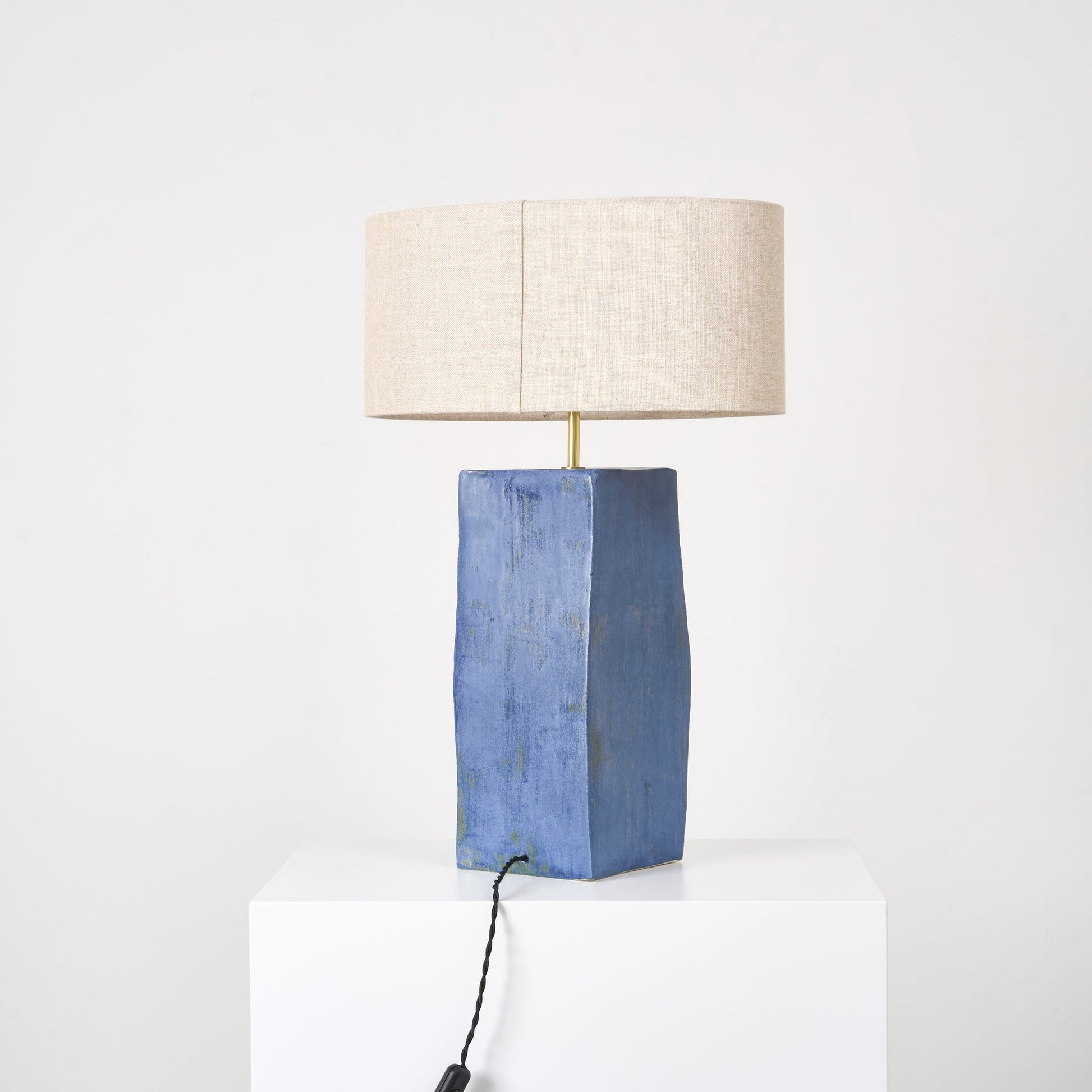 Rectangular Ceramic Lamp in Brushed Blue with Green Table Lamps