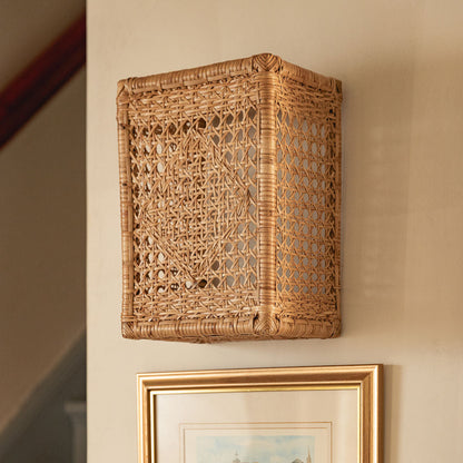 Retro Wall Light Shade, Natural, close up on the wall, showing the open cane weave