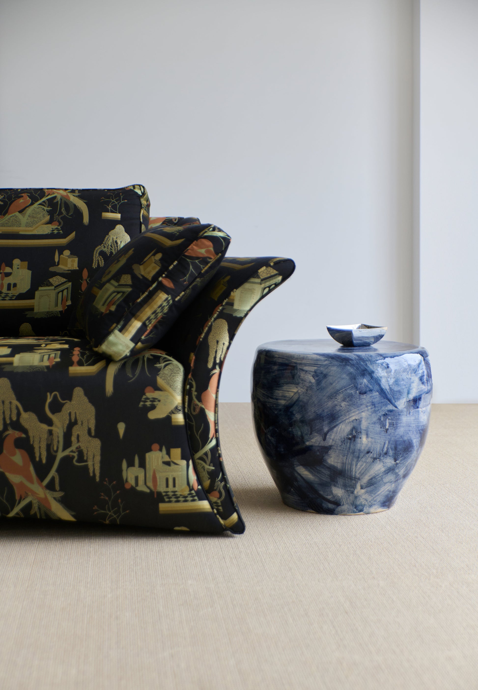Rounded Medium Ceramic Side Table in Brushed Navy End Tables