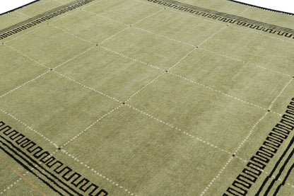 Rug & Kilim's Art Deco Rug in Green with Black Geometric Patterns Rugs