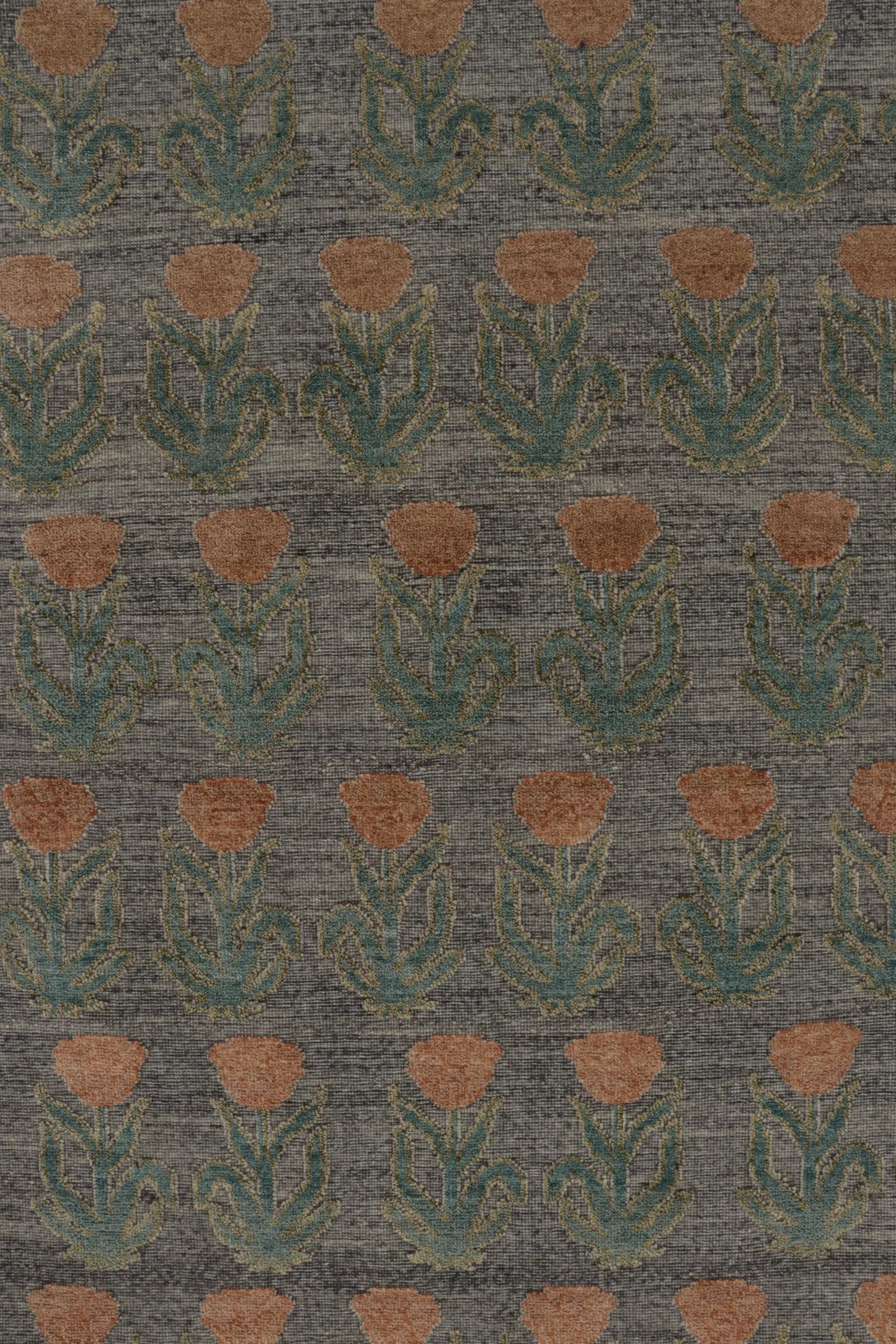 Rug & Kilim's Block Print Rug Design in Gray with Rust and Green Floral Motifs Rugs