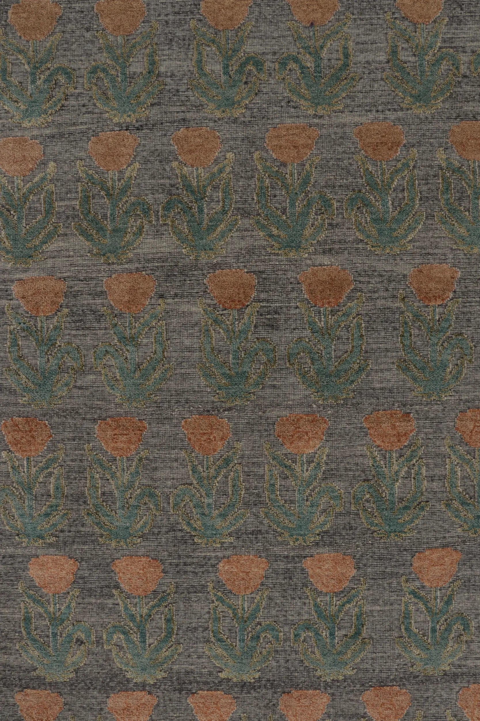 Rug & Kilim's Block Print Rug Design in Gray with Rust and Green Floral Motifs Rugs