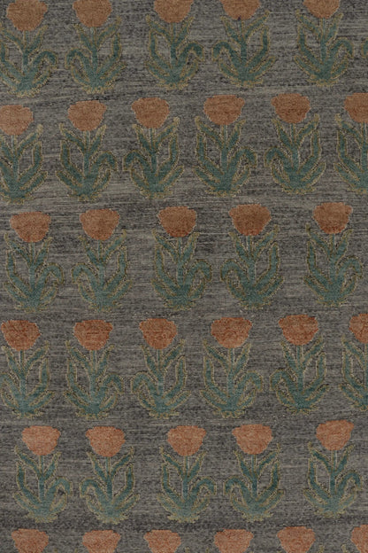 Rug & Kilim's Block Print Rug Design in Gray with Rust and Green Floral Motifs Rugs