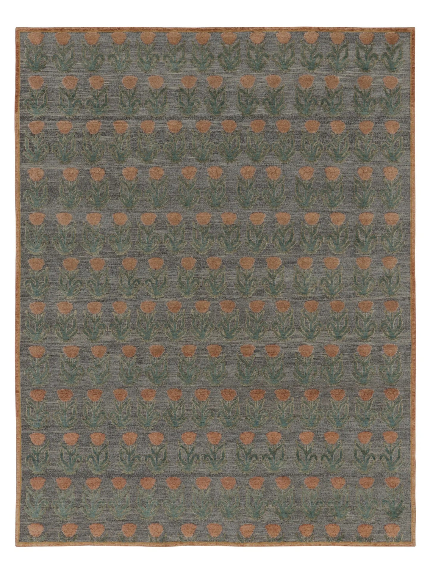 Rug & Kilim's Block Print Rug Design in Gray with Rust and Green Floral Motifs Rugs