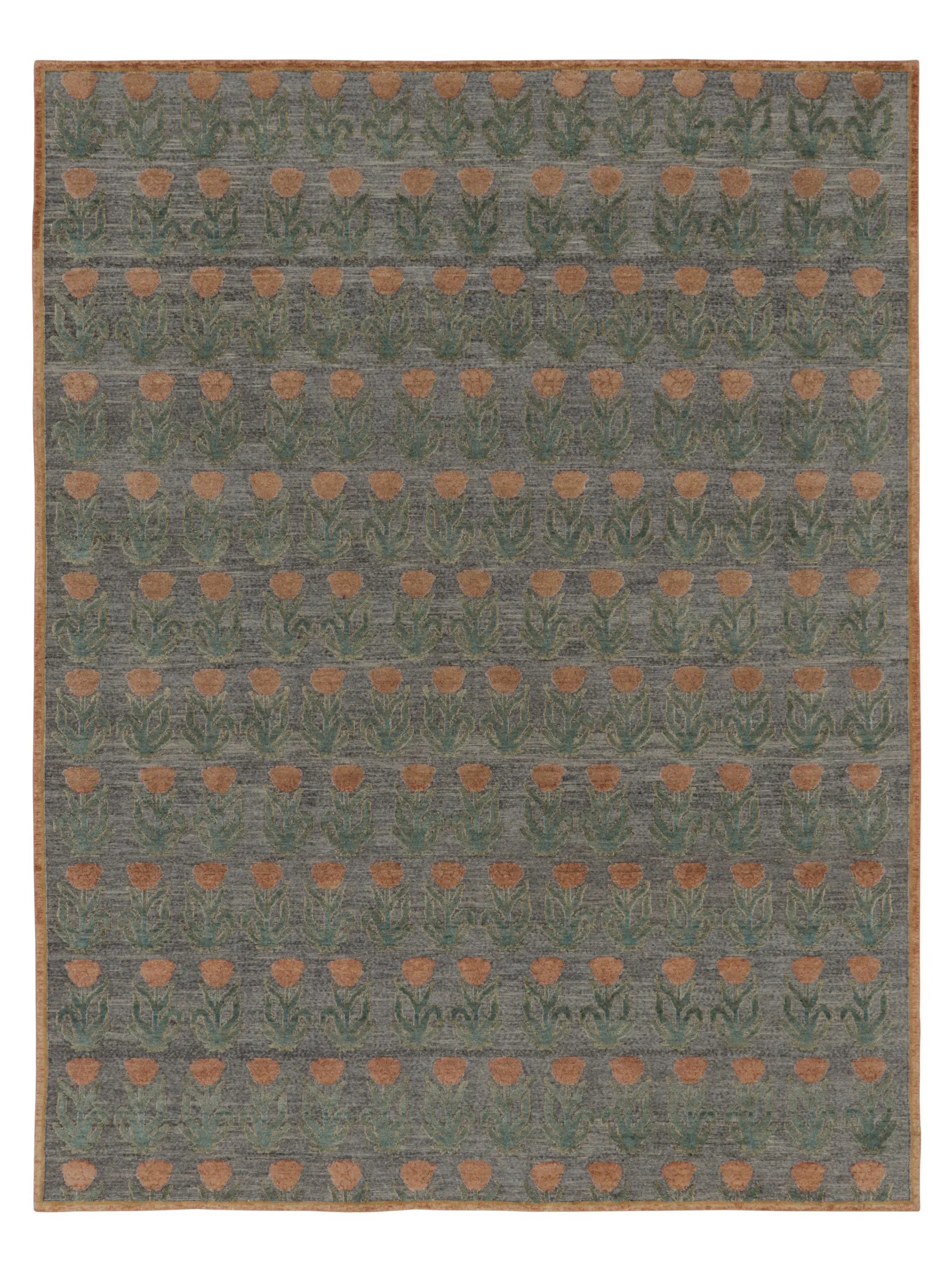 Rug & Kilim's Block Print Rug Design in Gray with Rust and Green Floral Motifs Rugs