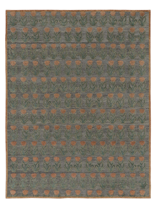 Rug & Kilim's Block Print Rug Design in Gray with Rust and Green Floral Motifs Rugs