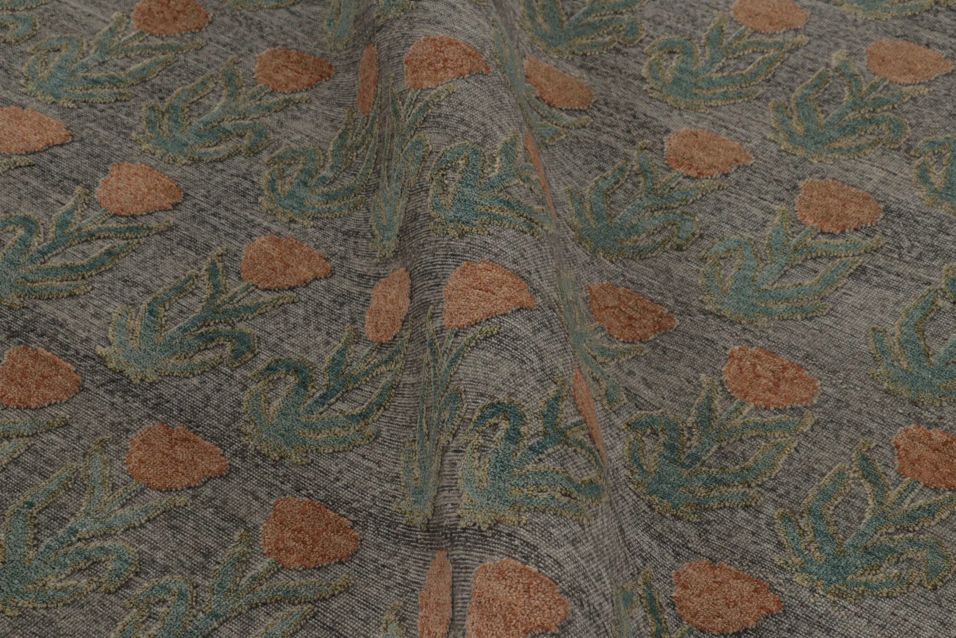 Rug & Kilim's Block Print Rug Design in Gray with Rust and Green Floral Motifs Rugs