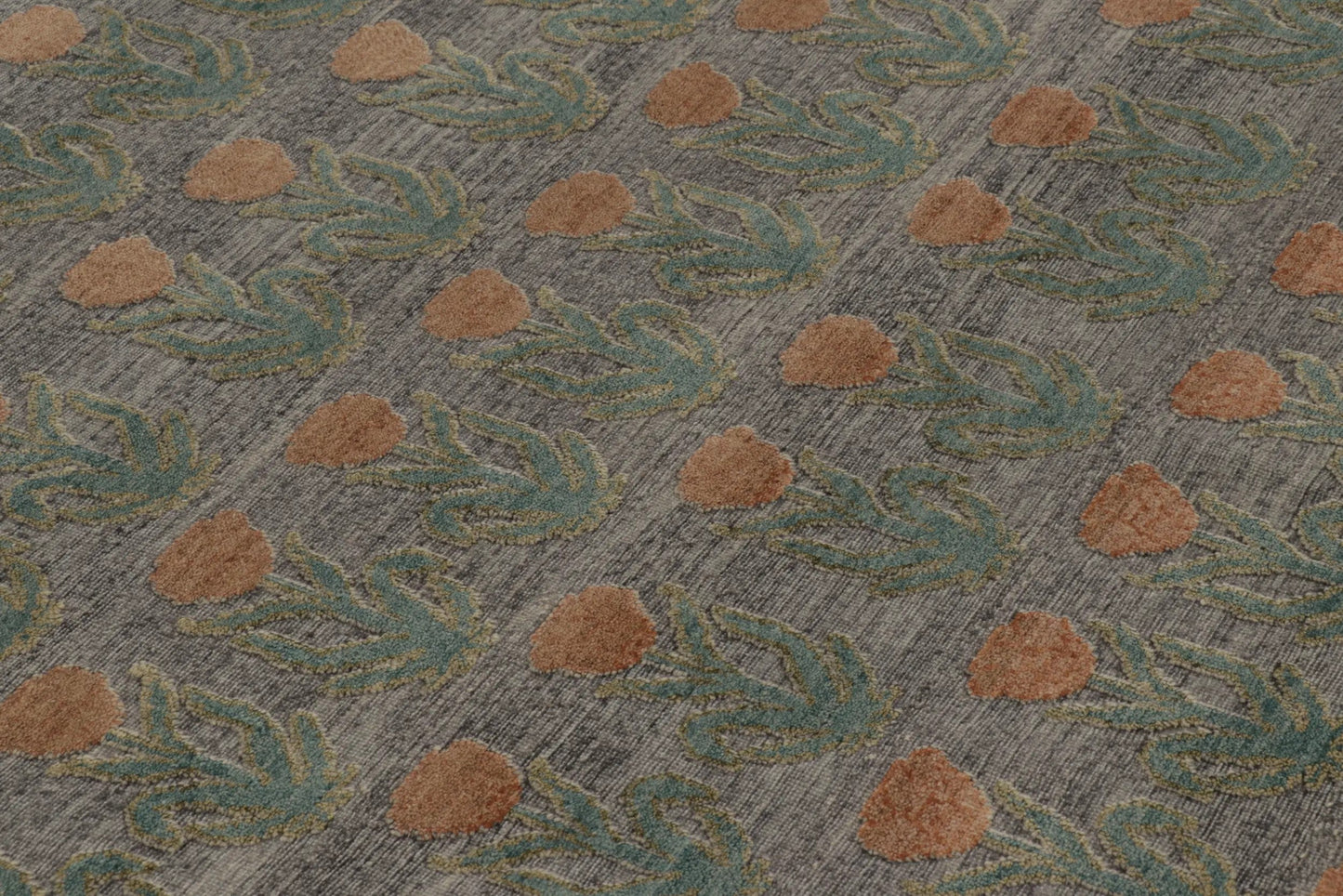 Rug & Kilim's Block Print Rug Design in Gray with Rust and Green Floral Motifs Rugs