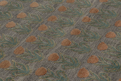 Rug & Kilim's Block Print Rug Design in Gray with Rust and Green Floral Motifs Rugs