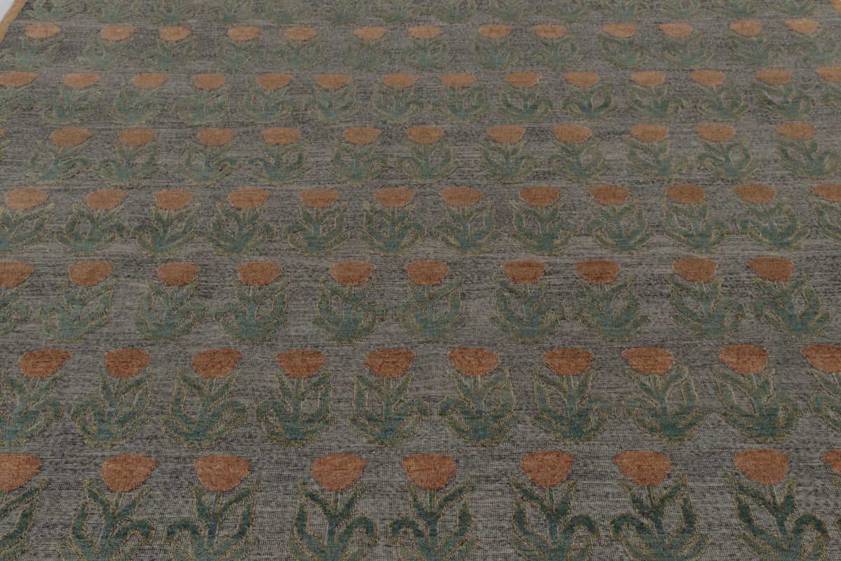 Grey Rug Print Rug & Kilim's Block Print Rug Design in Gray with Rust and Green Floral ...